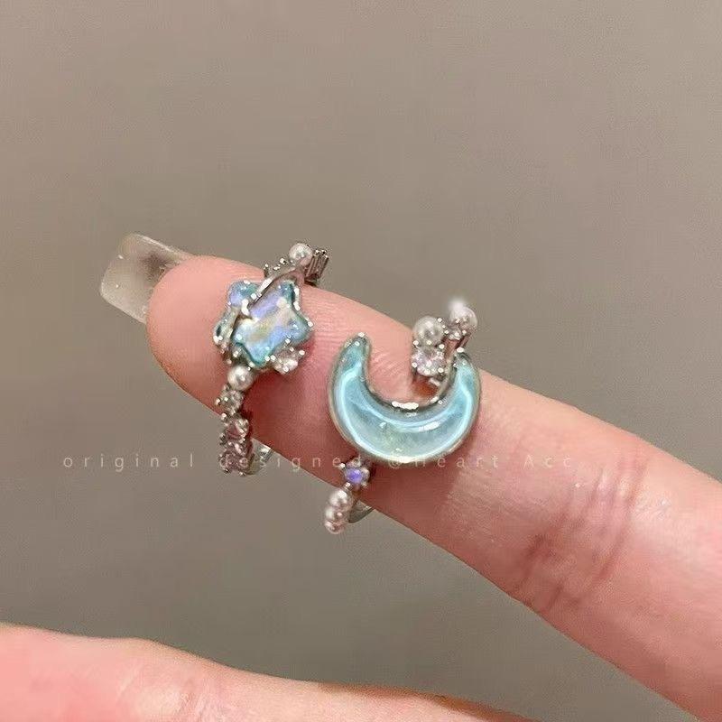 Glacier Blue Star Moon Open Ring Female Exquisite Couple Index Finger Ring Niche Design High-end Ring