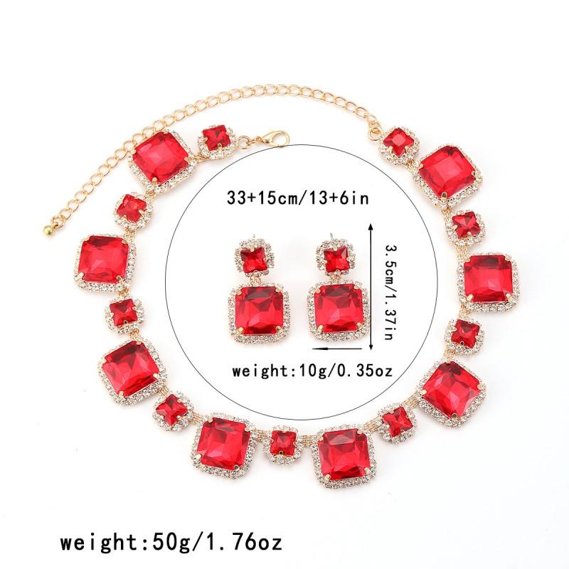 Elegant Green Red White Rhinestone Jewelry Set Women Fashion OL Style Earrings Necklace With Geometric Square Design