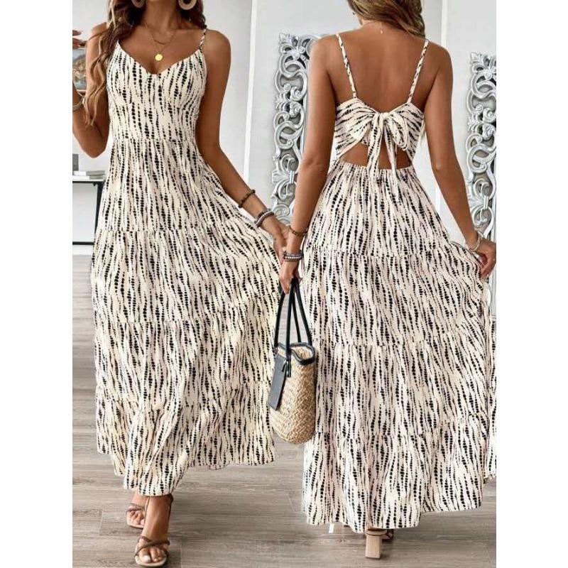 

women s Striped Print Spaghetti Strap Back Tie Tiered Maxi Dress Boho Beach Sundress S