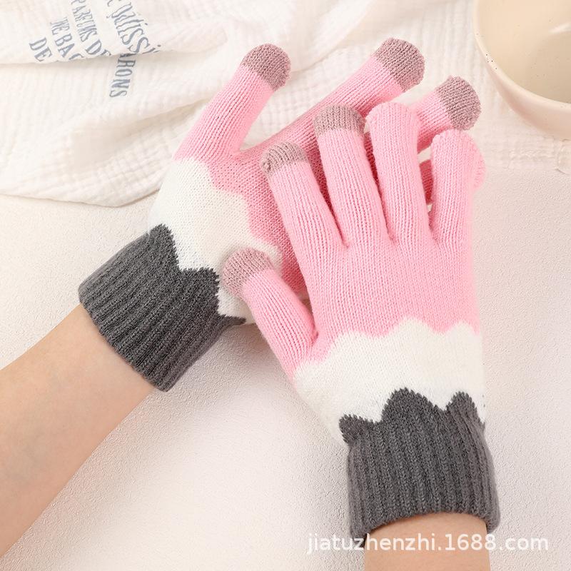 Double Layer Gloves Fleece Lined Thick Polar Fleece Jacquard Knit Warm Winter Riding Ski Gloves Women