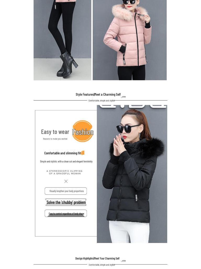 Damen Winter Kurze Baumwolljacke mit Pelzkragen - Slim Fit und Verdickt für Wärme