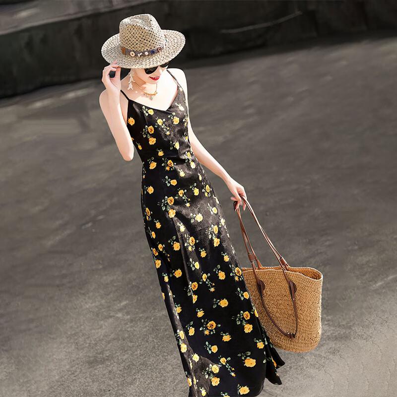 Lanseer 2026 Summer French Rose Print V-Neck Camisole Dress M