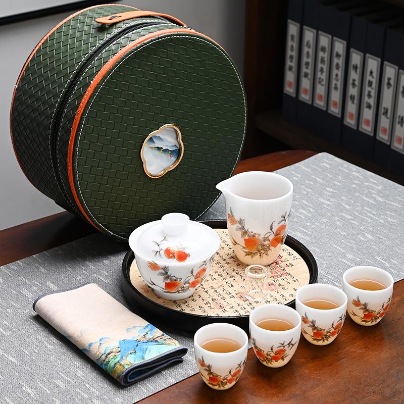 Ice Suet Jade Porcelain Travel Tea Set Outdoor Portable Ceramic Cover Bowl Tea Cup Complete Set Business Souvenir