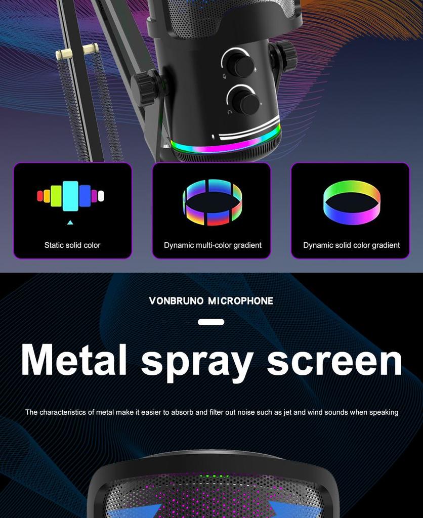 USB Capacitive Microphone with Noise Reduction & RGB Lights for Computer, Phone Recording, Gaming, Streaming & Video