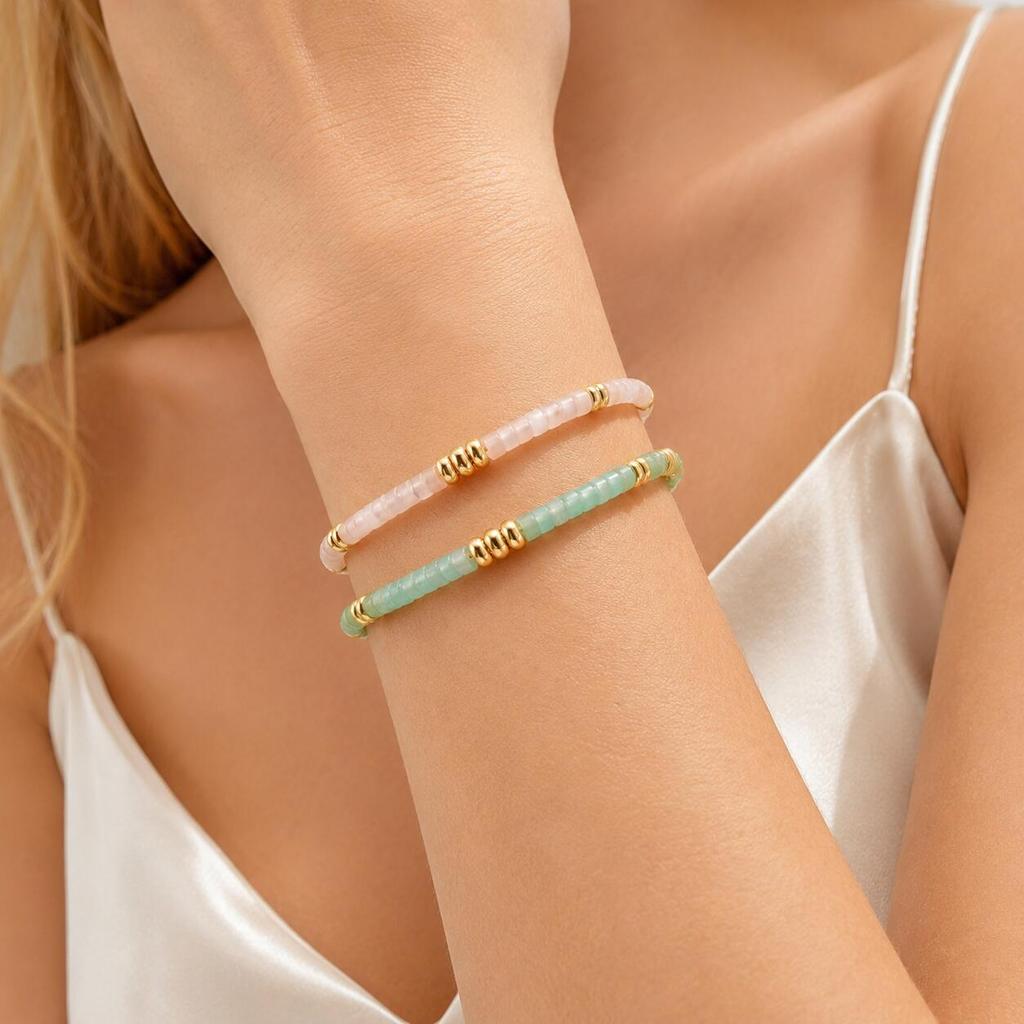 Elegant Green Aventurine Beaded Bracelet, 18K Gold PVD Stainless Steel, Waterproof Non-Tarnish Summer Jewelry