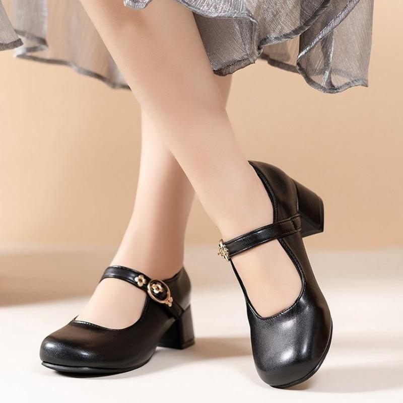Fashion 2025 Buckle Strap Mary Janes Women's High Heels Round Toe Shallow Chunky Heels Pumps for Fashion Retro Office & Career Shoes