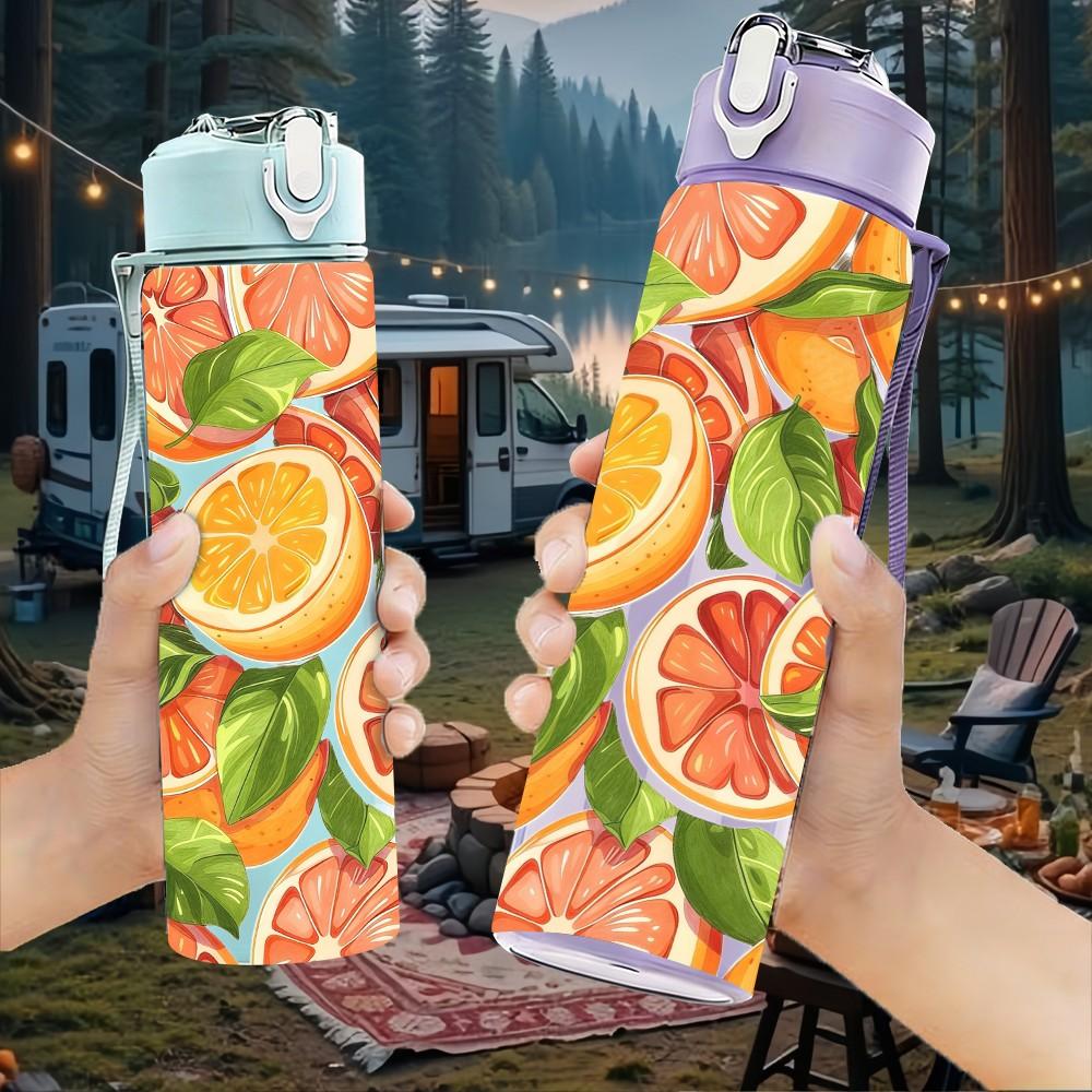 1PC Mixed Citrus Orange Slice Print 750ml Color Plastic Sports Water Bottle Leakproof Flip Straw Lid Suitable for Sports Office Home Use