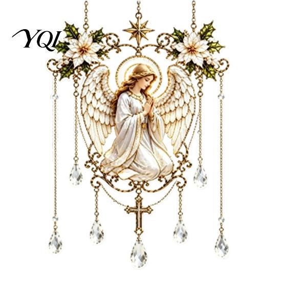 Stained Glass Angel Window Hanging Effect Blessing Suncatcher, Acrylic Prayer Decorative Suncatcher Ornament with Faux Crystal Charm for Home