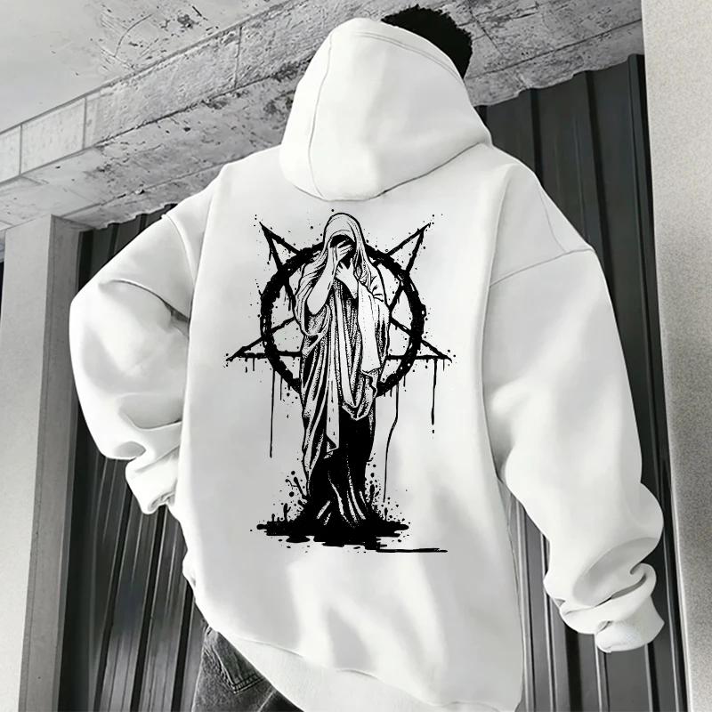 2025 Trendy Mens Hooded Sweatshirts Satan Demonic Print Autumn Winter Casual Sportswear Urban Streetwear Male Top Men's Clothing