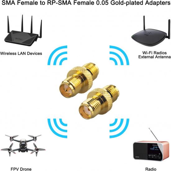 Boobrie 2-Pack Upgraded SMA Female to RP-SMA Female Adapter DC-18GHz VSWR ≤1.15 RF Coaxial Gold-Plated Adadper for FPV Drone Signal Booster