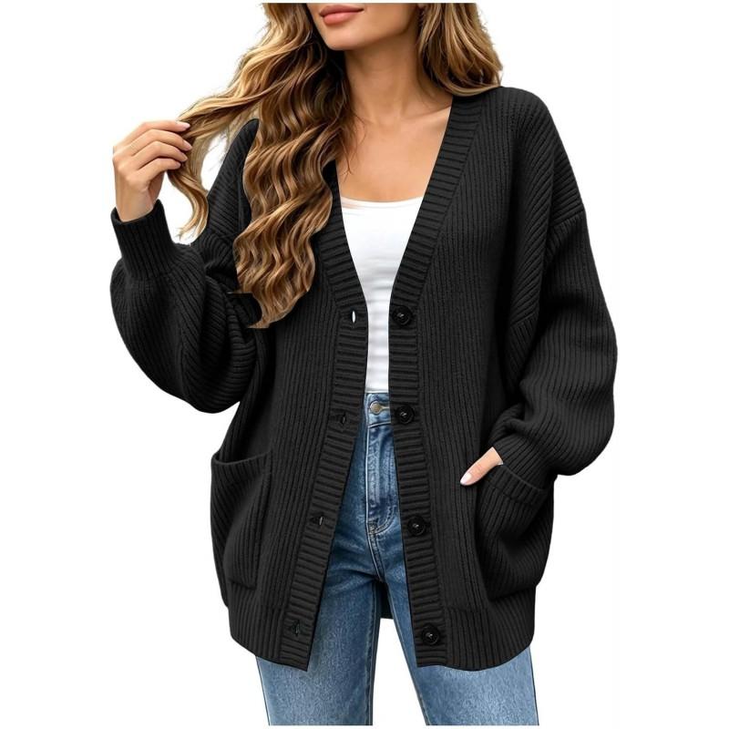 Womens Knit Cardigan 2026 Fall Loose Fit V Neck Single Breasted Sweater CasualPreppy StyleWomens Preppy Style