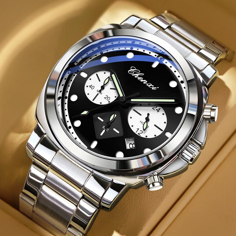 Mens Watch Square Dial Fashion Quartz Wrist Watches Multifunctional Chronograph Waterproof Luminous Gifts Box