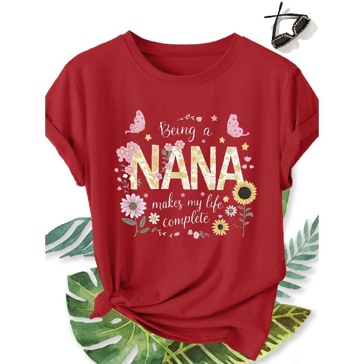 Elegant plus-size short-sleeve shirt for women Flower NANA Grandma print pattern round-neck women's comfortable, soft, breathable new spring-summer