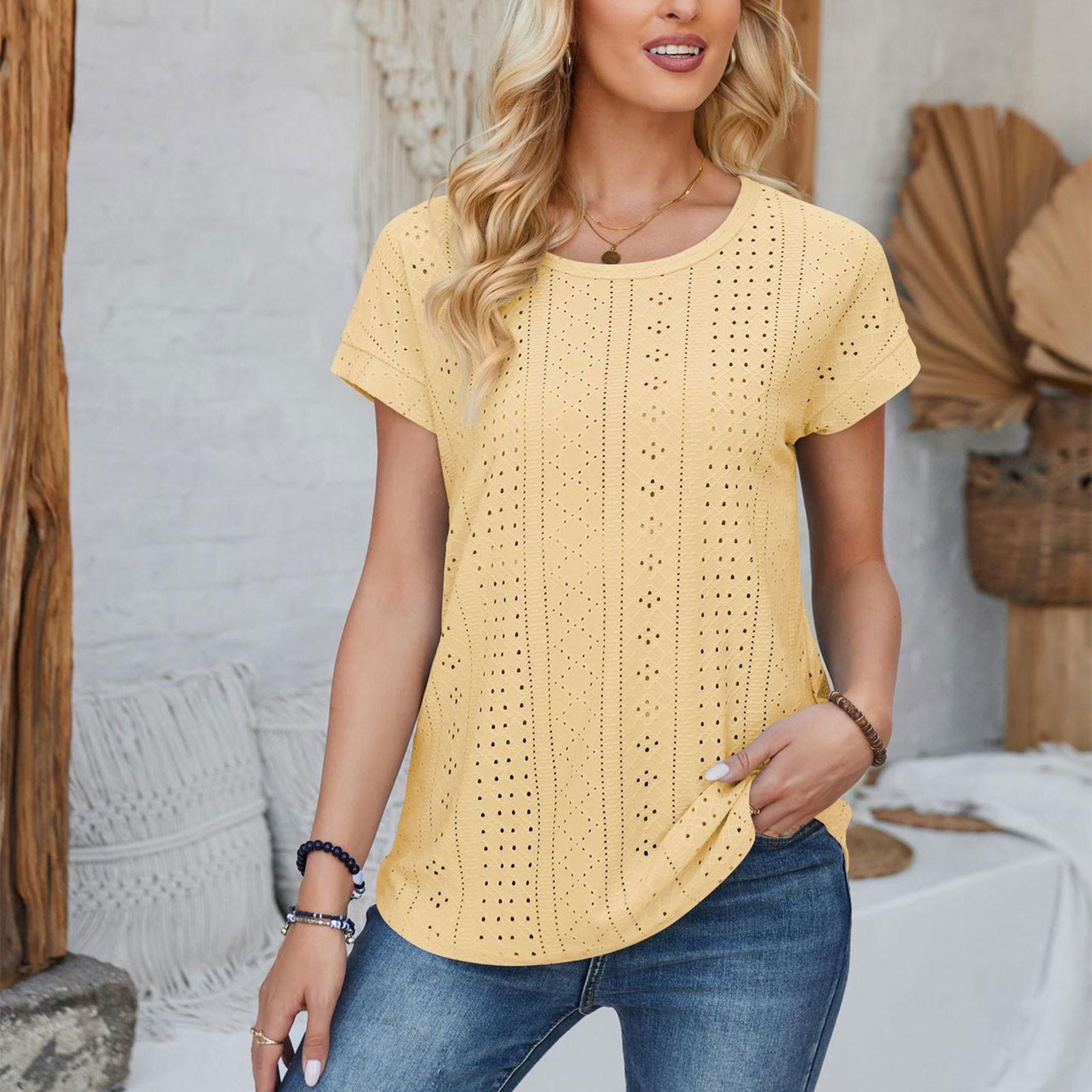

Весенне-летняя женская свободная однотонная футболка с круглым вырезом и рукавами-пузырьками на пуговицах XL жёлтый