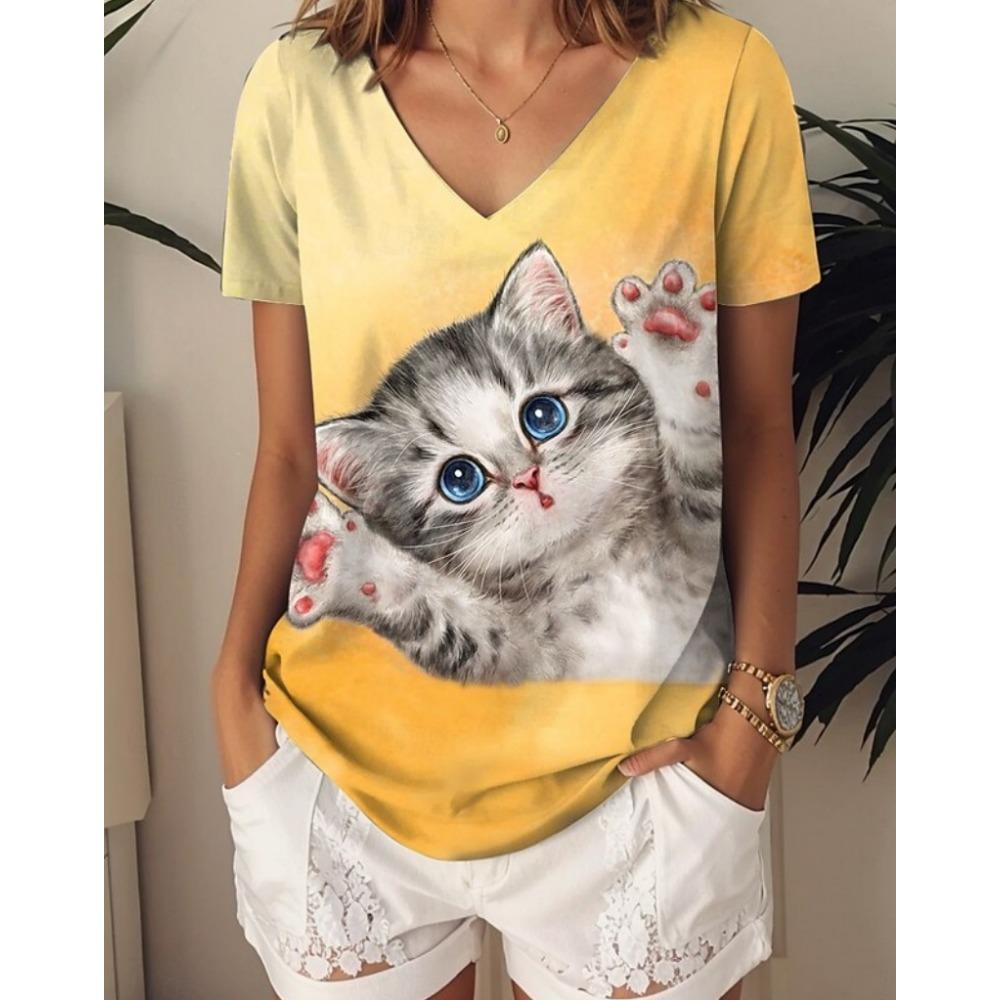 Cat Women's T-shirt Summer Outdoor Casual Fashion V-Neck Short Sleeve Tops Cartoon Animal Printing OverSize Women's Clothing