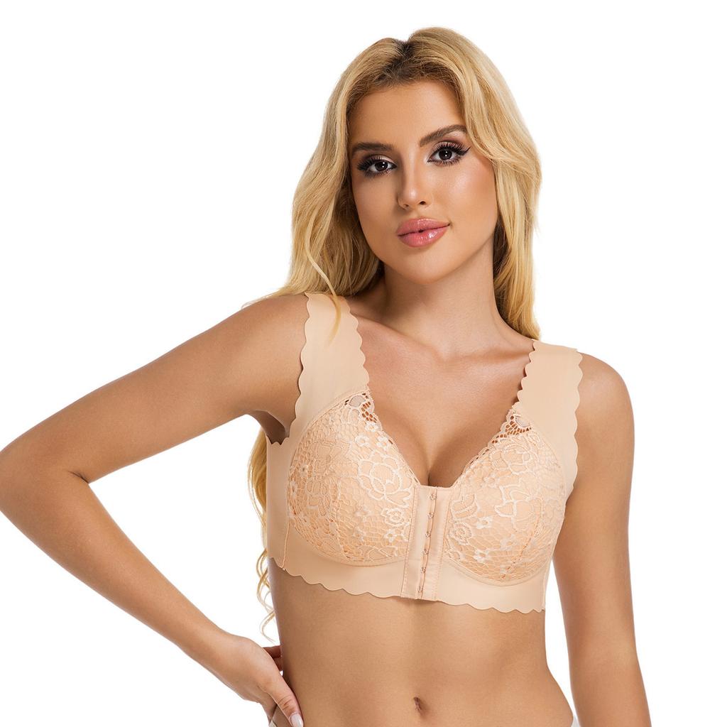 Large Size Front Buckle Bra Thin Lace Sexy No Steel Ring Gathered Seamless Adjustment Women's Underwear