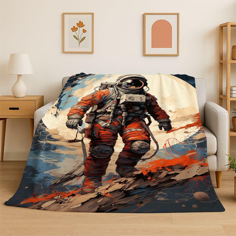 Cartoon Astronaut Spaceman Planet Flannel Blanket Soft Throw Blanket for Bedroom Living Room Bed Travel Camping Nap Cover Gift