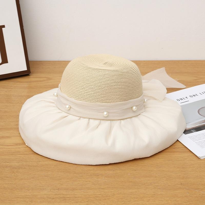 Summer Wide Brim Sun Hat Women Ruffled Chiffon Brim Pearl Embellished Sun Protection Seaside Beach Hat 56-58cm
