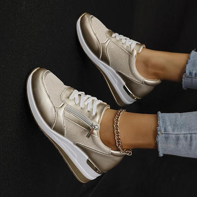 Fashion Fashion Women's Sneakers 2025 Spring Thick Bottom Silver Sneakers Wedge Heel Vulcanized Shoes for Women Comfort Lace Up Sneakers