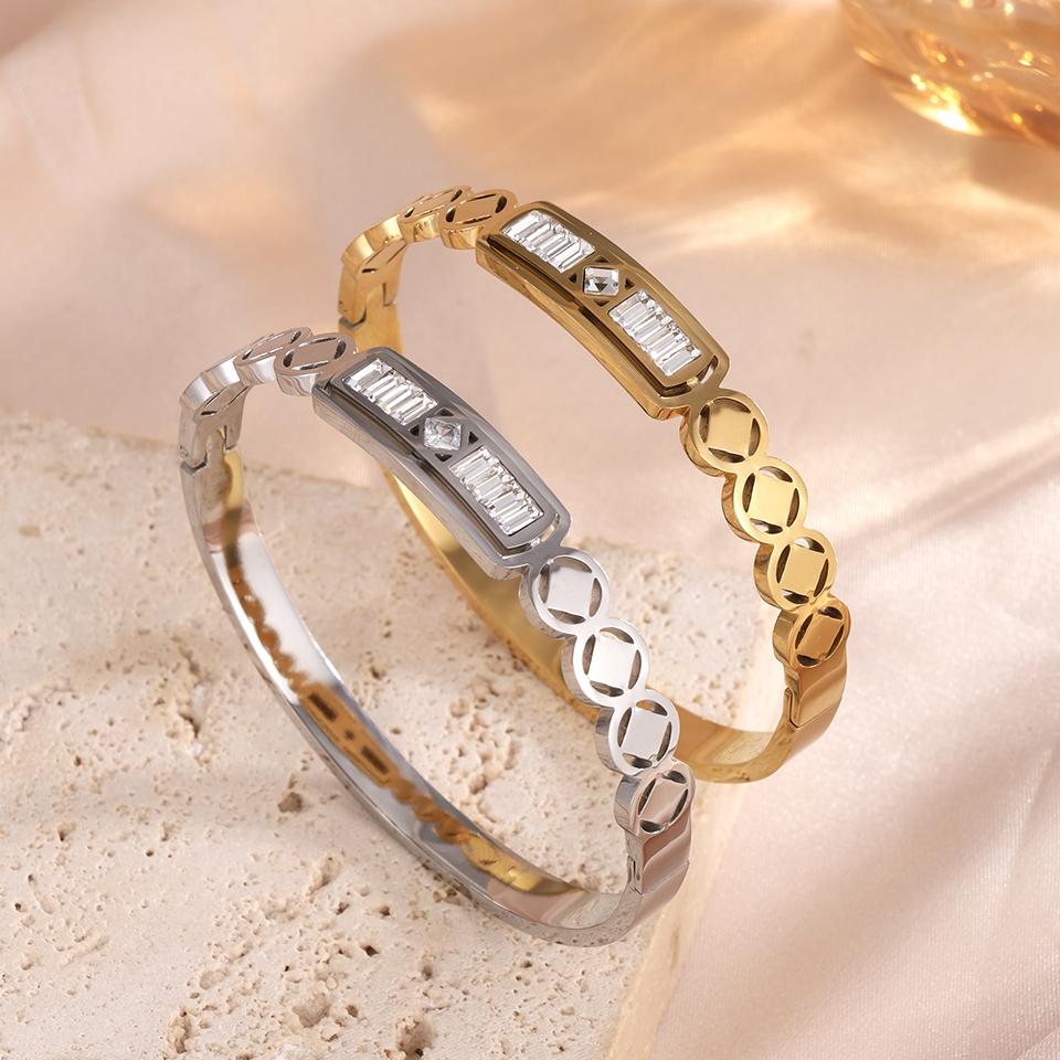 ZAKOL Fashion Geometric Design Stainless Steel Open Bangle for Women Exquisite Waterproof Zircon Gift 2025 New