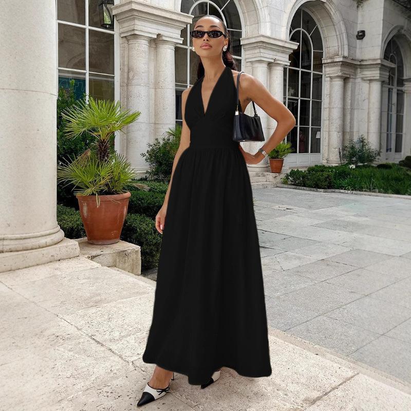 Women Floral V Neck Boho Maxi Dress Halter Tie Flowy A Line Beach Wedding Guest Dresses Tiered Sundress with Pockets