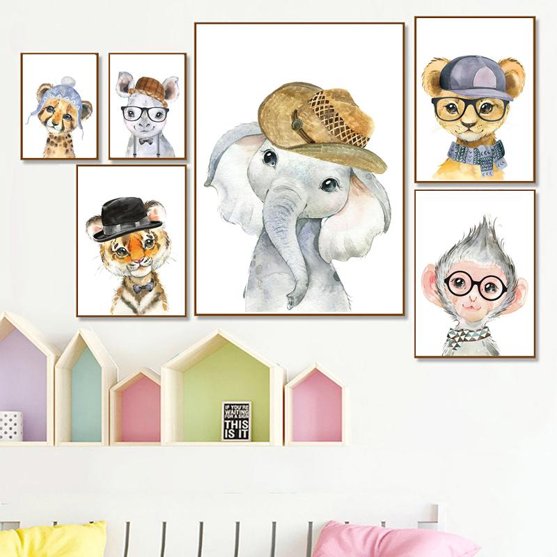 Cartoon Funny Animal Elephant Tiger Monkey Baby Posters And Prints Wall Art Canvas Painting Wall Pictures Kids Room Décor No Frame