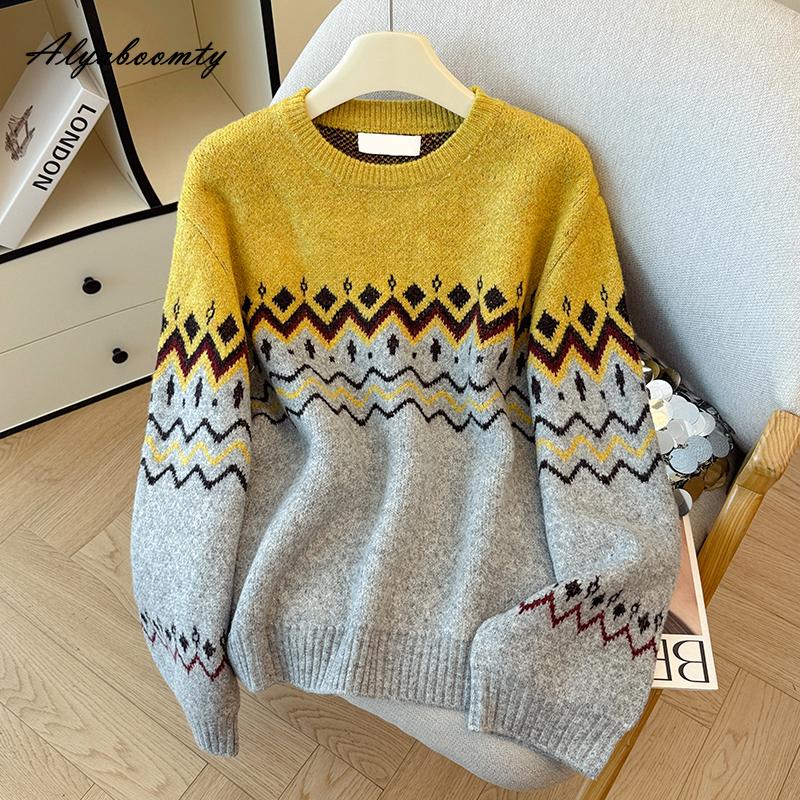 

Корейская Мода Осень Зима Женский Базовый Свитер О-образный вырез Контрастный цвет Вязаный пуловер Длинный рукав Толстый Теплый Вязаный Верхняя одежда One Size