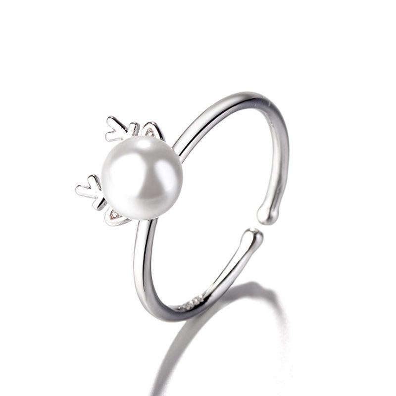

Милое кольцо с лосем в стиле Мори, с жемчугом и бриллиантовыми рогами – Рождественский подарок для женщин Adjustable Open Size белый