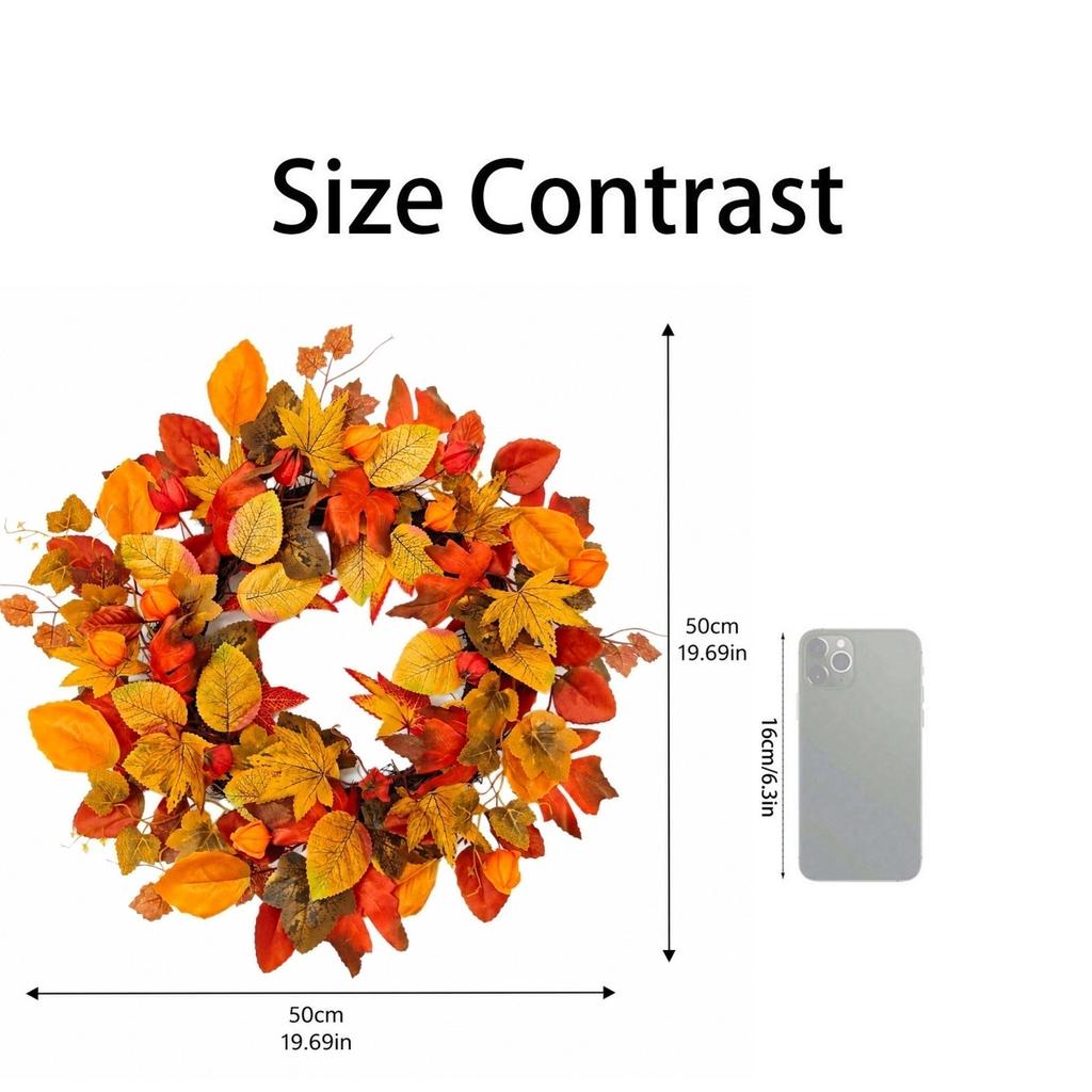 50cm Autumn Maple and Currant Artificial Leaf Wreath with Mixed Leaf Shapes and Berry Accents for Seasonal Home Decoration