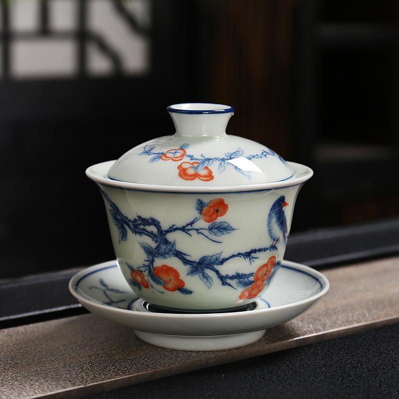 Ceramic Single Lid Bowl, Large Capacity Chinese Blue and White Three Piece Cover Bowl, Retro Tea Maker, Tea Cup