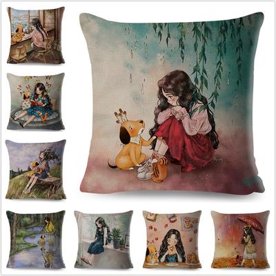 45x45cm Color Cute Cartoon Girl and Pet Dog Fairy Tale World Pillowcase Decoration Sofa Home Pillowcase