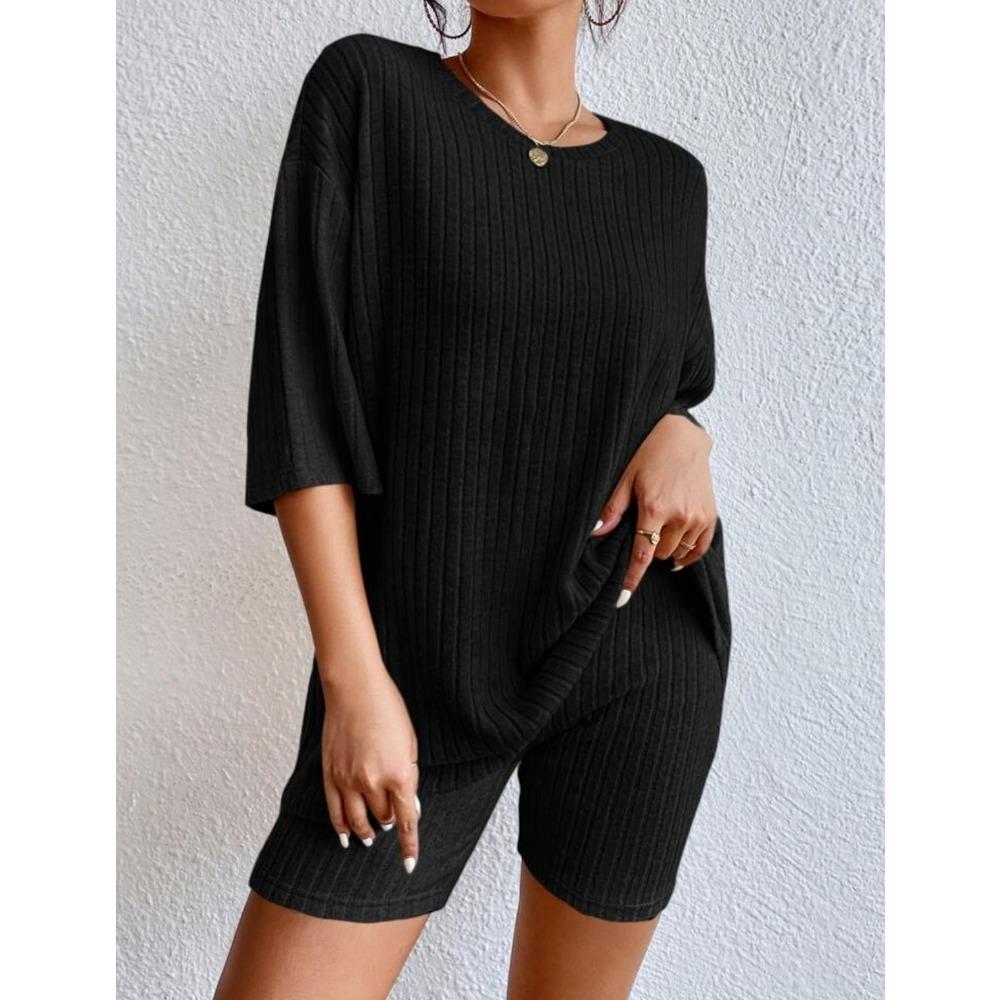 Women's Spring Solid Color Casual Outfit, Crew Neck Loose Top & Shorts Two-Piece Set