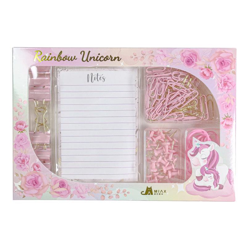 Macaroon-Color Stationery Set: Paper Clips, Stapler, Rubber Bands, Lined Notebooks, Thumbtacks, Push Pins, and Binder Clips.