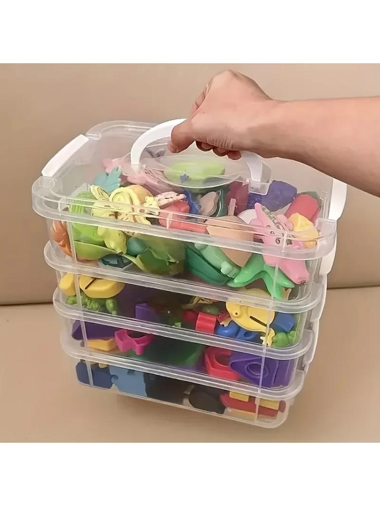 Extra nagy 4 szintes egymásra rakható tárolódoboz fedéllel átlátszó műanyag szervező játék építőkockák tárolódoboza