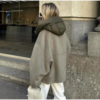 Casual Loose Women Hooded Detachable Cap Crewneck Double-sided Jackets Patchwork Zipper Long Sleeved Warm Coats Autumn Winter Lady Street Outerwear