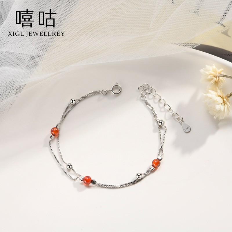 Sterling Red Garnet Waterdrop Bracelet Women Minimalist Chic Jewelry Gift