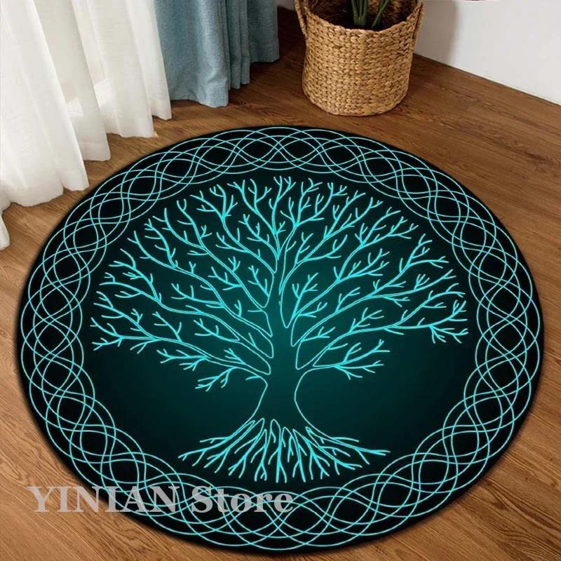 3D Viking Yggdrasil Tree of Life Area Rug Round Carpet Rugs for Living Room Bedroom Sofa Decoration Kids Play Non-slip Floor Mat