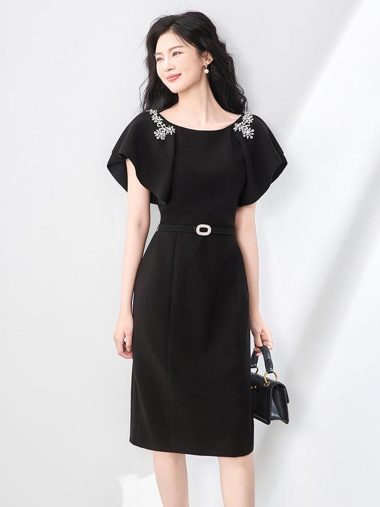 High-End Round Neck Studded Ruffle Sleeve Waist-Cinching Dress for Women - Summer Fashion