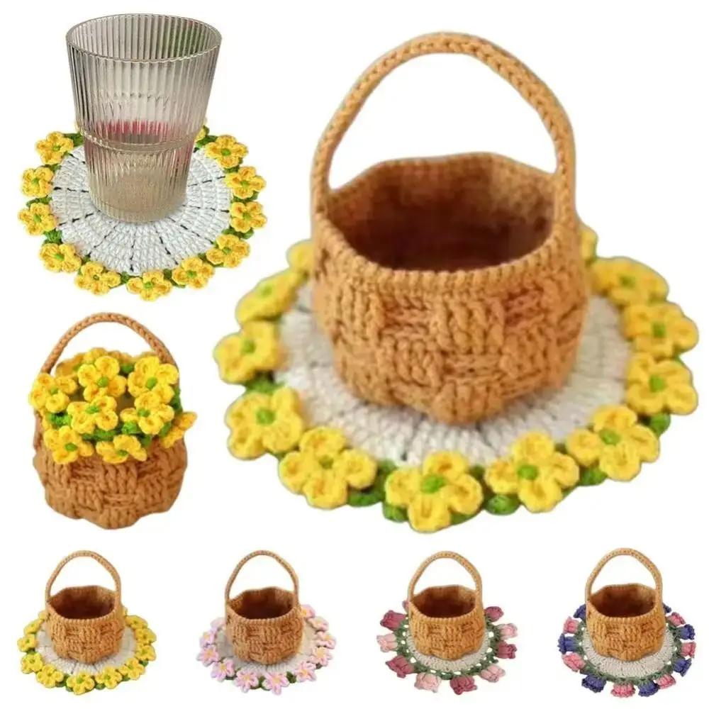 New Polyester Rose Bouquet Coasters Hand Knitted Cotton Crochet Flower Pot DIY Crochet Flower Cupmat Gift
