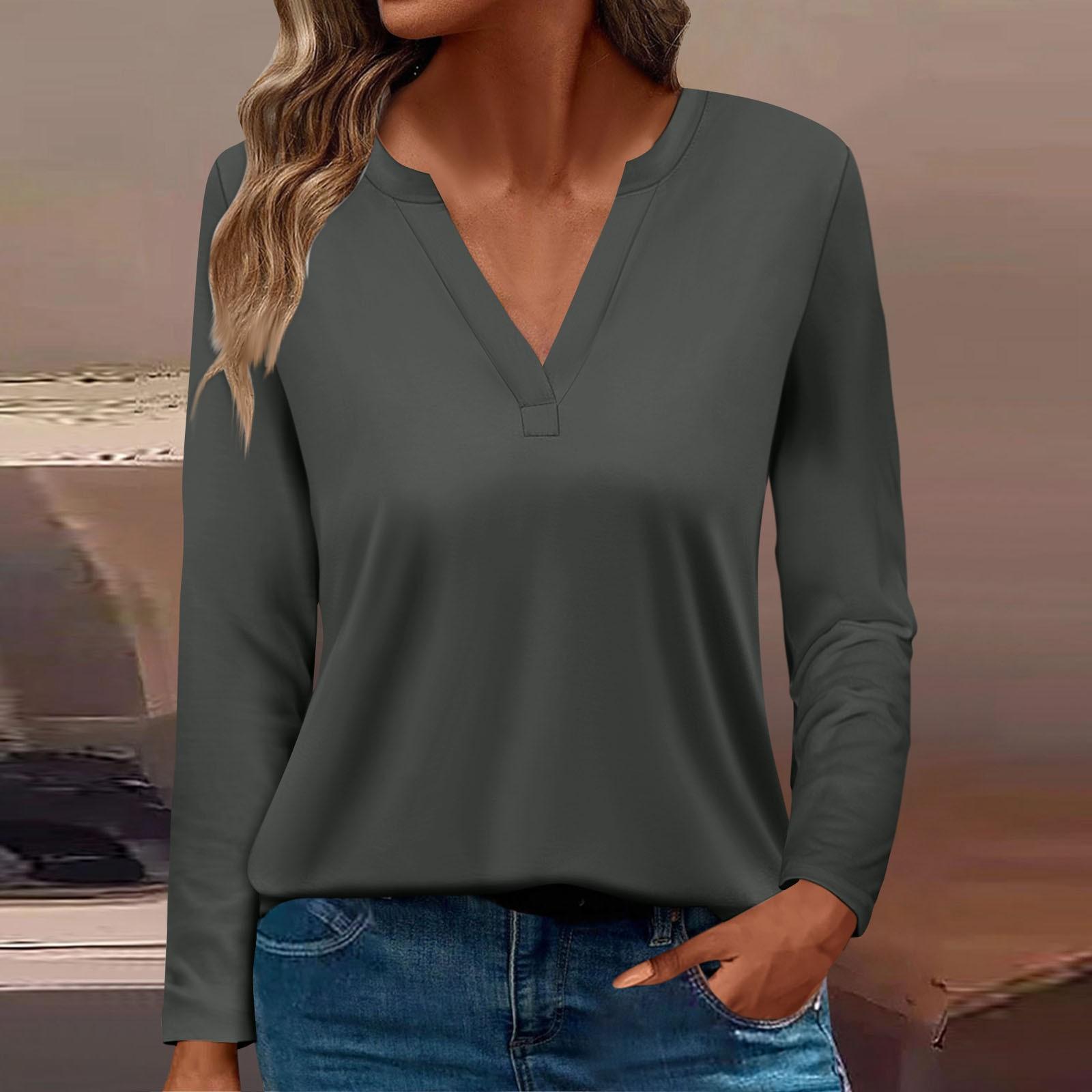 

Жен. Футболка Футболка Сплошной цвет Длинный рукав Повседневные Выходные Мода Классический V-образный вырез Обычный Топ XXXL серый