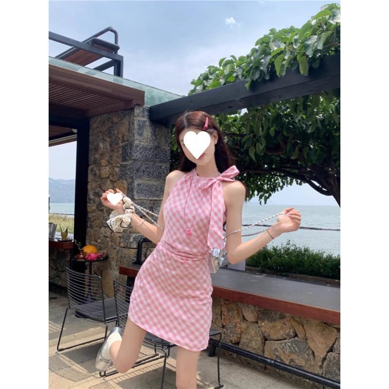 Pink Off-the-shoulder Sleeveless Neck Plaid Dress Children's Summer New Bow Hip Skirt