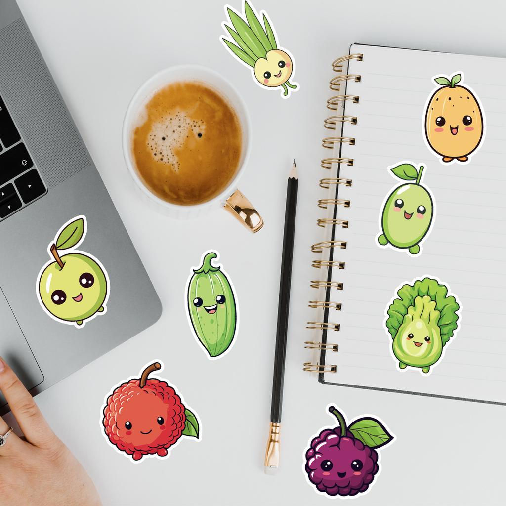 100 Søte Doodles-klistremerker med frukt og grønnsaker for mobiltelefoner, datamaskiner, vanntette dekorative klistremerker, kreative skrivesaker-klistremerker