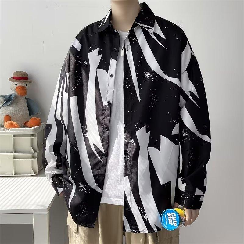 Autumn Retro Buckle New Chinese Style Stand Collar Shirt Men's Niche Graffiti Printing Design Sense Ruan Handsome Top