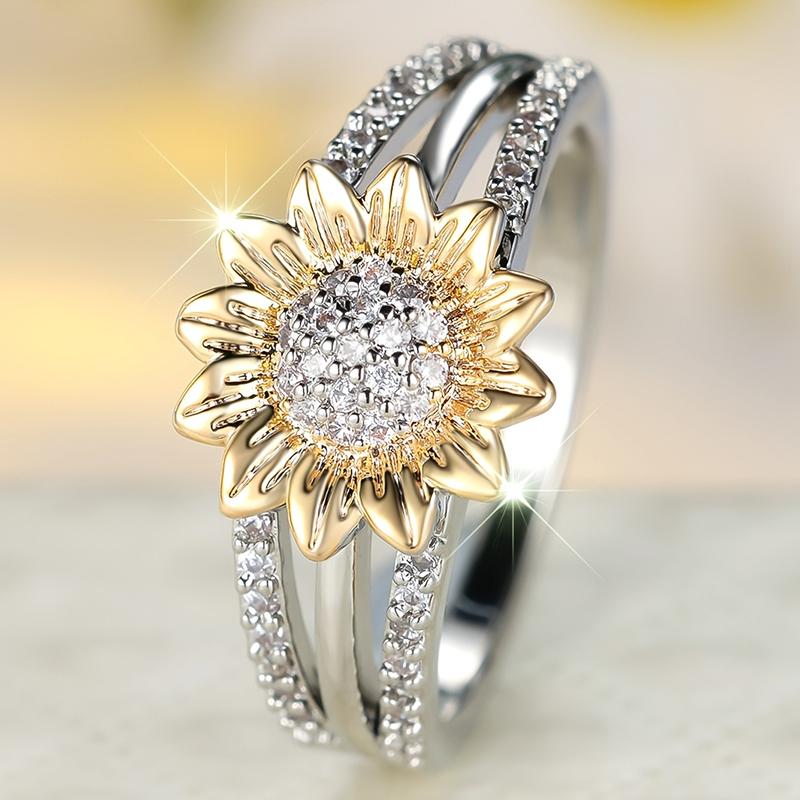 Huitan Sunflower Shaped Women Two Tone Ring Inlaid Bright CZ Trendy Party Wedding Accessories Gentle Jewelry for Lady Daily