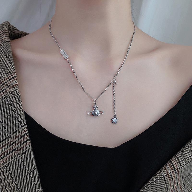S925 Silver Saturn Star Retro Necklace - Trendy Female Clavicle Chain with Niche Design