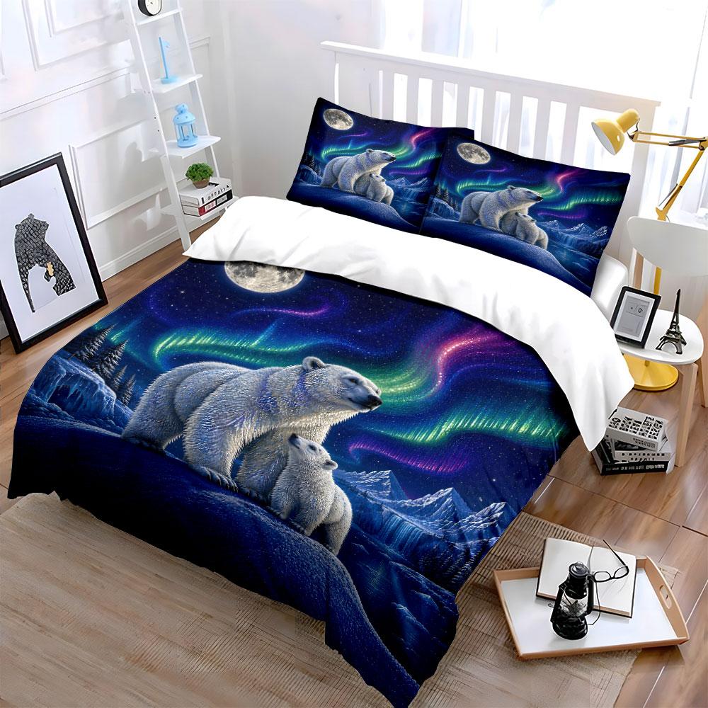 Polar Bears with Aurora Night Bedding Duvet Cover Set  (1*Duvet Cover 2*Pillowcases, without duvet insert)