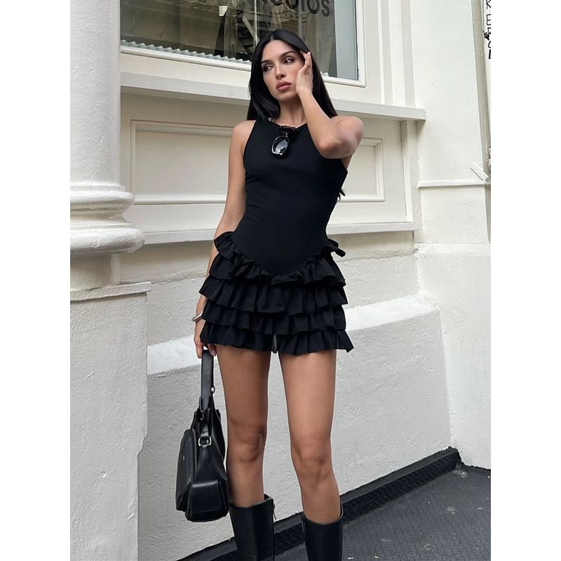 Miuli Miu Style American Sweetheart Gyaru Design Sense Frill Multi-Layer Cake Skirt Sleeveless Vest Dress