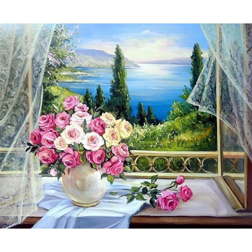 5D Full Round Diamond DIY Landscape Diamond Painting Cross Stitch Windmill Lavender Garden Rhinestone Embroidery Home Decoration