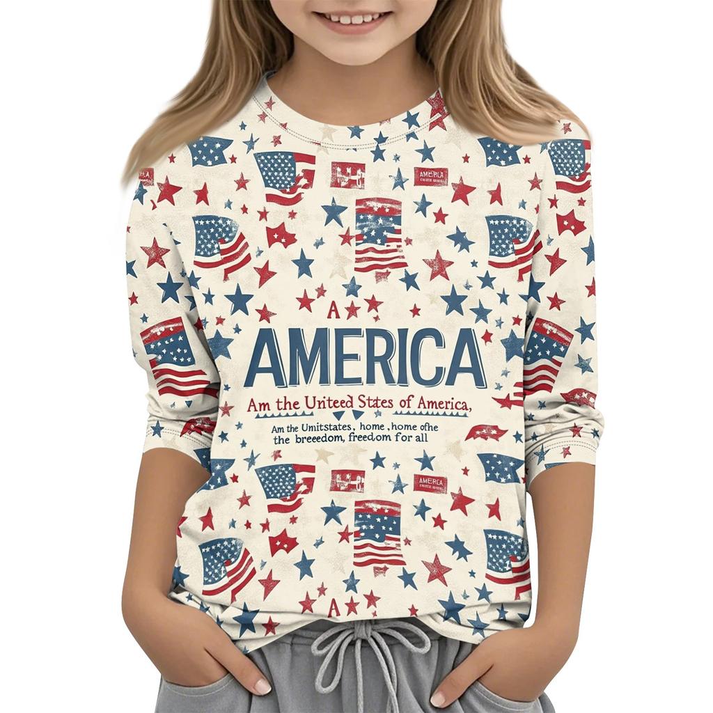 Children's Independence Day Printed Round Neck Seven Quarter Sleeve Casual T-shirt