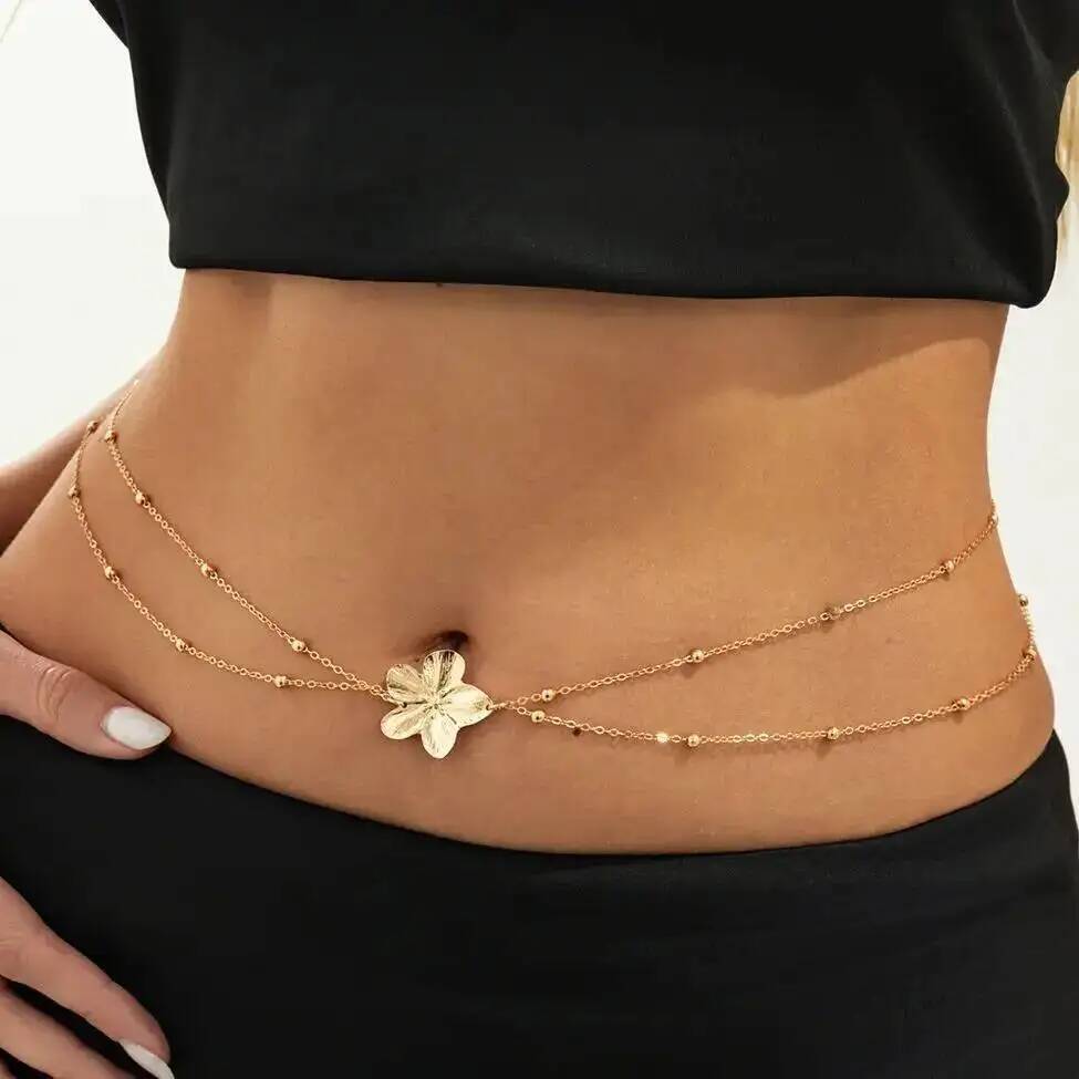 SHIXIN Sexy Double Layers Belly Chains Women Y2K Gold Color Metal Flower Bikini Waist Body Chain Summer Beach Vacation Jewelry